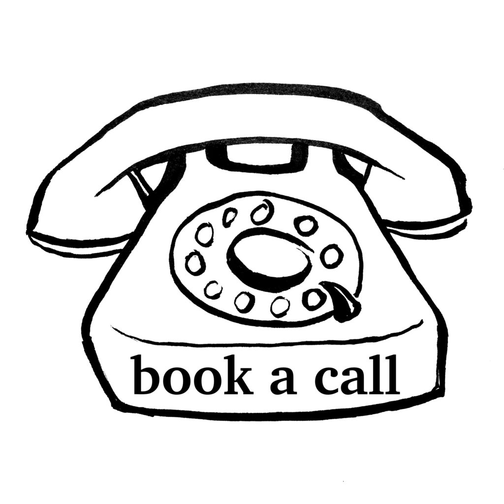 Cartoon telephone that says, "Book a call"